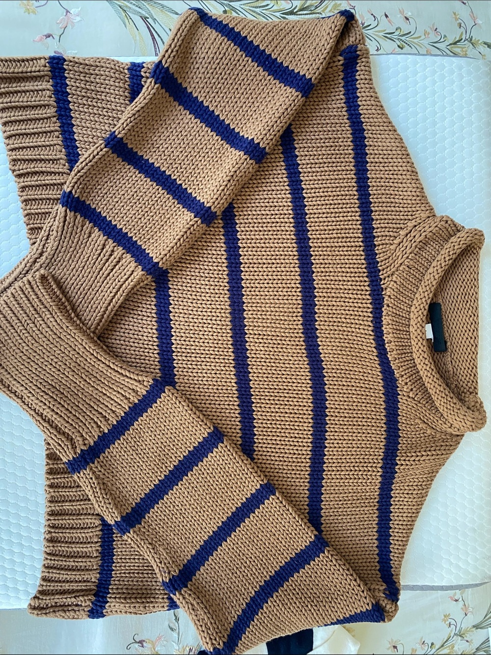 Women’s- Cropped Striped Knit Sweater - Tan & Navy - Picture 2 of 4